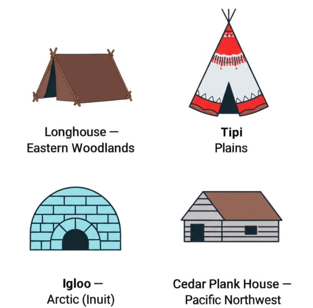 Four Indigenous housing types: Longhouse (Eastern Woodlands), Tipi (Plains), Igloo (Arctic/Inuit), Cedar Plank House (Pacific Northwest)