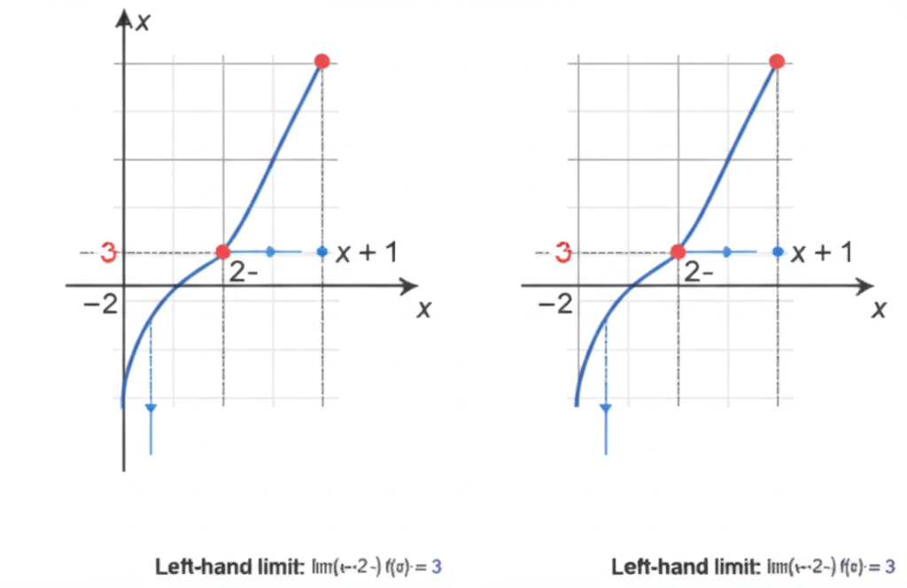 One-sided limits diagram showing a piecewise function where the left-hand and right-hand limits approach different values at the same point