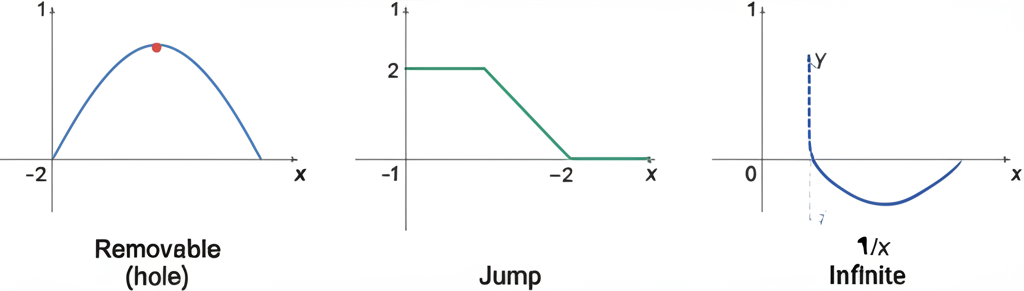 Three types of discontinuities: removable (hole), jump, and infinite (vertical asymptote), each shown on a separate graph