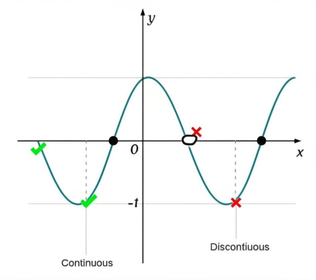Continuity conditions illustrated: a smooth function passing through a point (a, f(a)) where the limit equals the function value