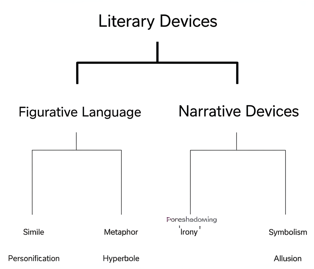Tree diagram showing categories of literary devices: Figurative Language (simile, metaphor, personification, hyperbole), Structural Devices (foreshadowing, parallelism, repetition), and Meaning Devices (symbolism, irony, allusion, motif)