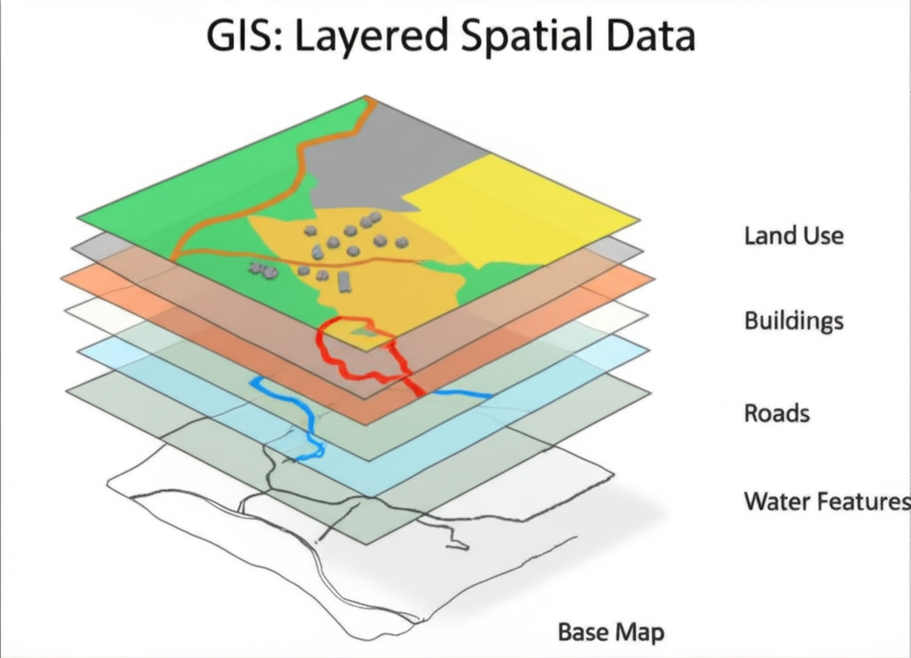 GIS layered spatial data diagram showing base map, water features, roads, buildings, and land use layers stacked
