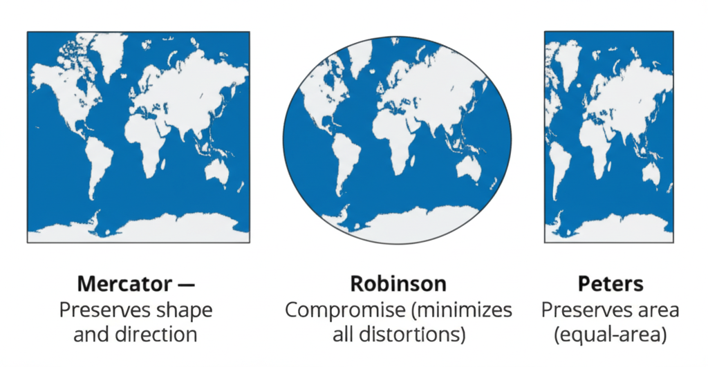 Three map projections compared: Mercator (preserves shape/direction), Robinson (compromise), Peters (preserves area)