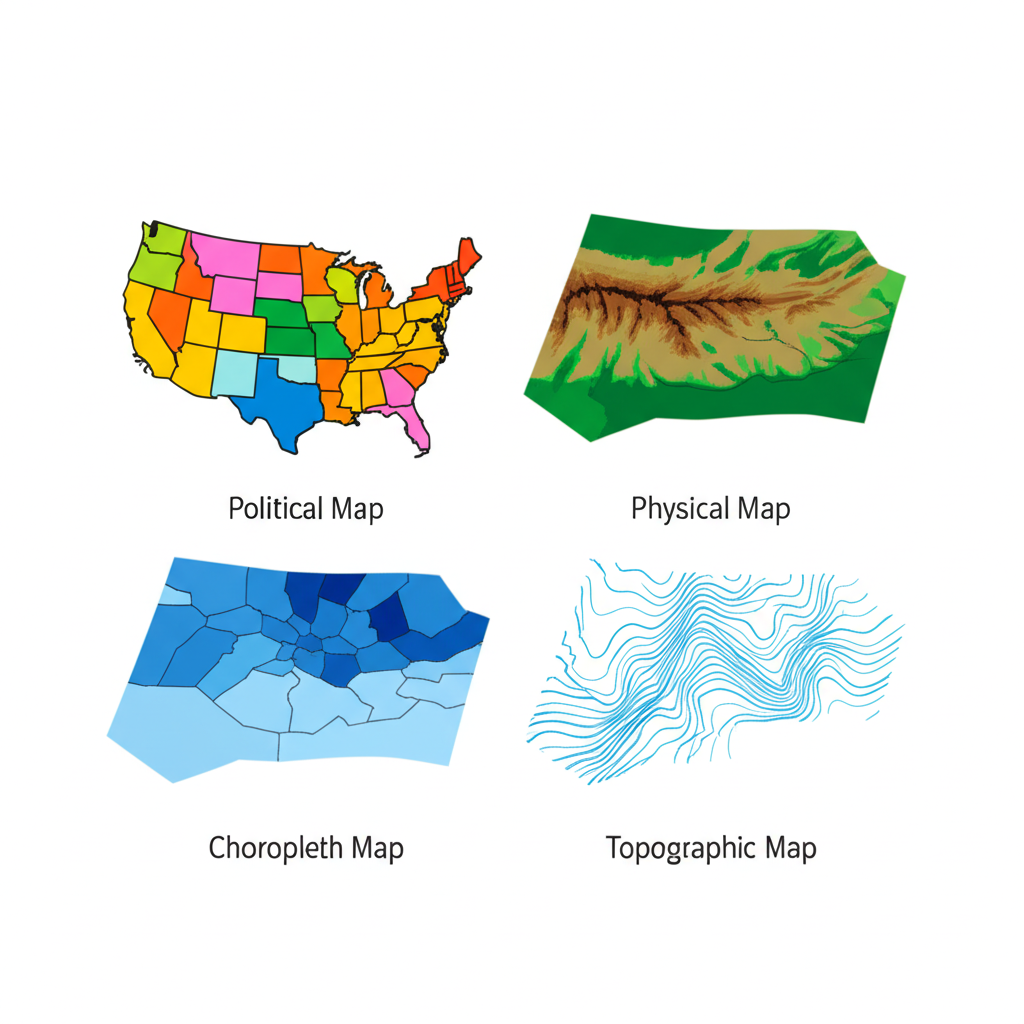 Four types of maps: Political, Physical, Choropleth, and Topographic