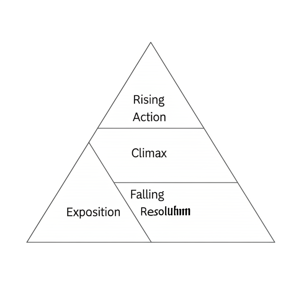 Freytag's Pyramid diagram showing the five parts of a narrative arc: Exposition at the base, Rising Action ascending, Climax at the peak, Falling Action descending, and Resolution at the end