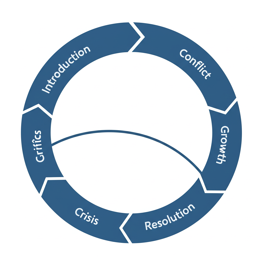 Character development process diagram showing character arc from initial state through conflict, trials, turning point, to transformation and new state