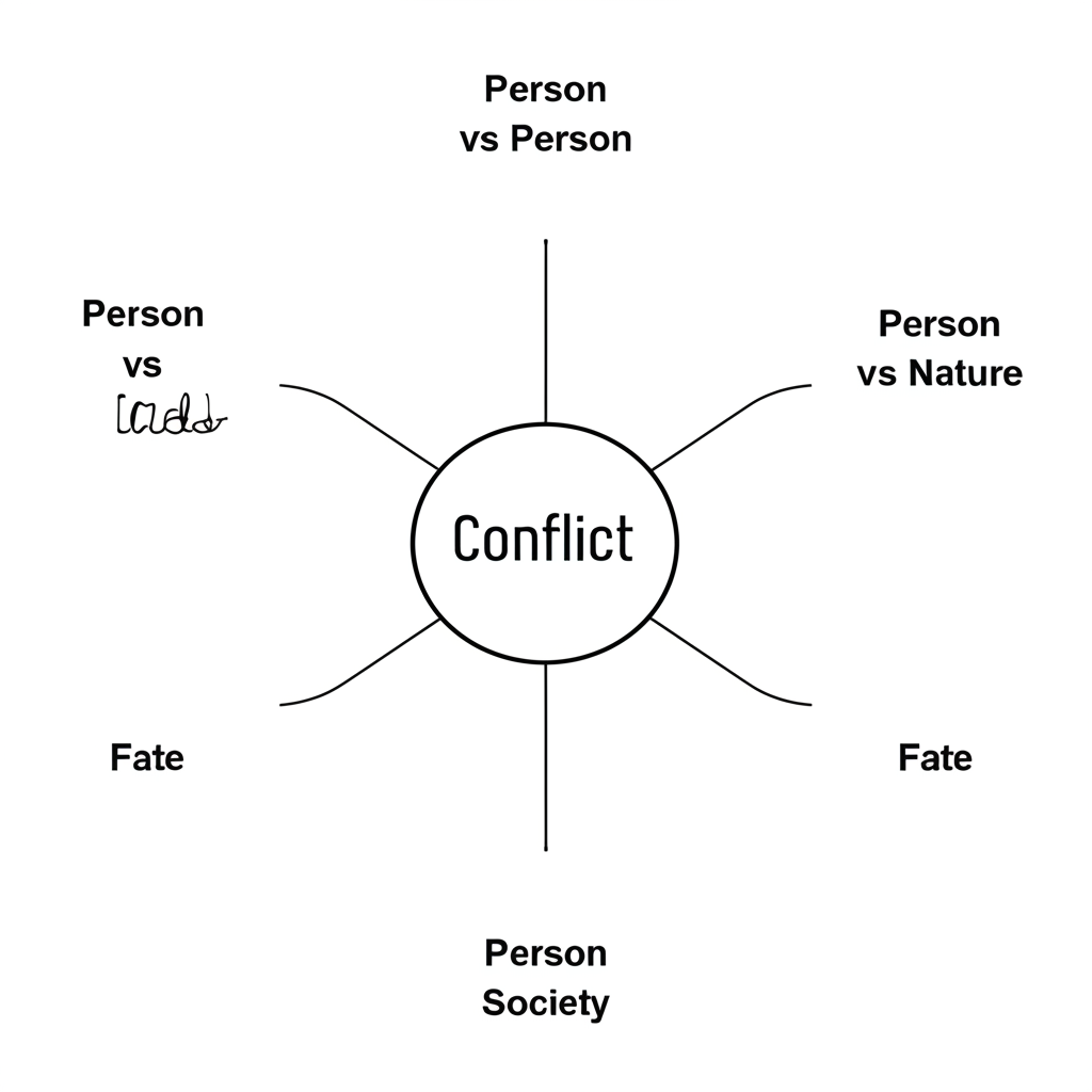 Spider diagram showing types of conflict: Internal (Character vs. Self) and External (Character vs. Character, Character vs. Nature, Character vs. Society, Character vs. Fate)