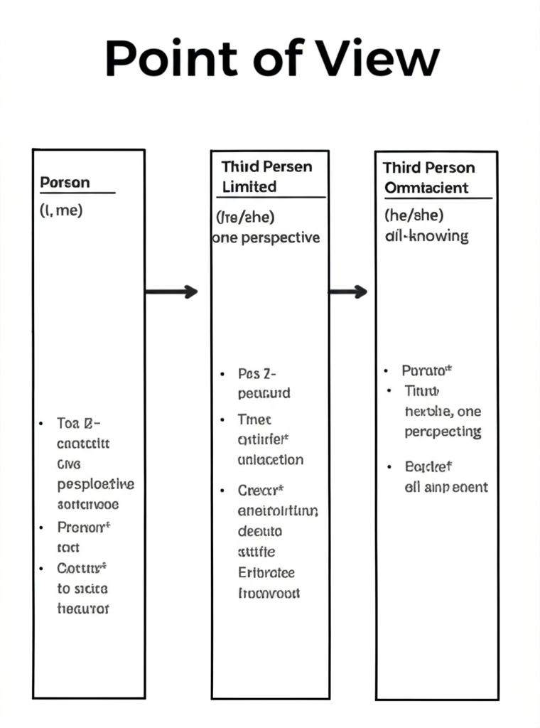 Point of view comparison chart showing First Person, Third Person Limited, and Third Person Omniscient with their characteristics and impact on the reader