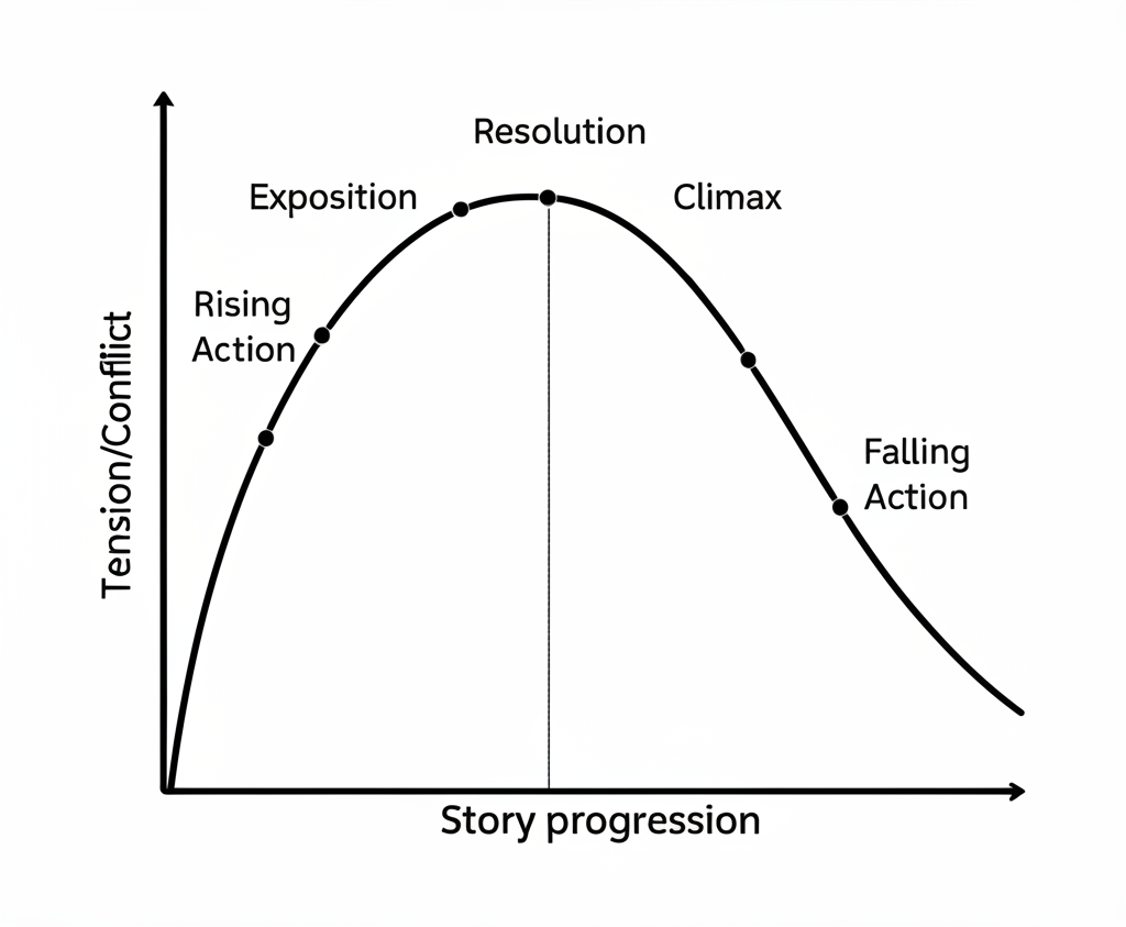 Narrative arc tension line showing how tension rises from exposition through rising action, peaks at the climax, and falls through falling action to resolution