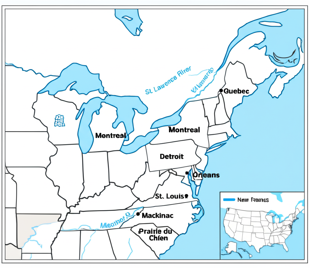 Map showing the extent of New France at its peak, including settlements at Quebec, Montreal, Detroit, St. Louis, and New Orleans