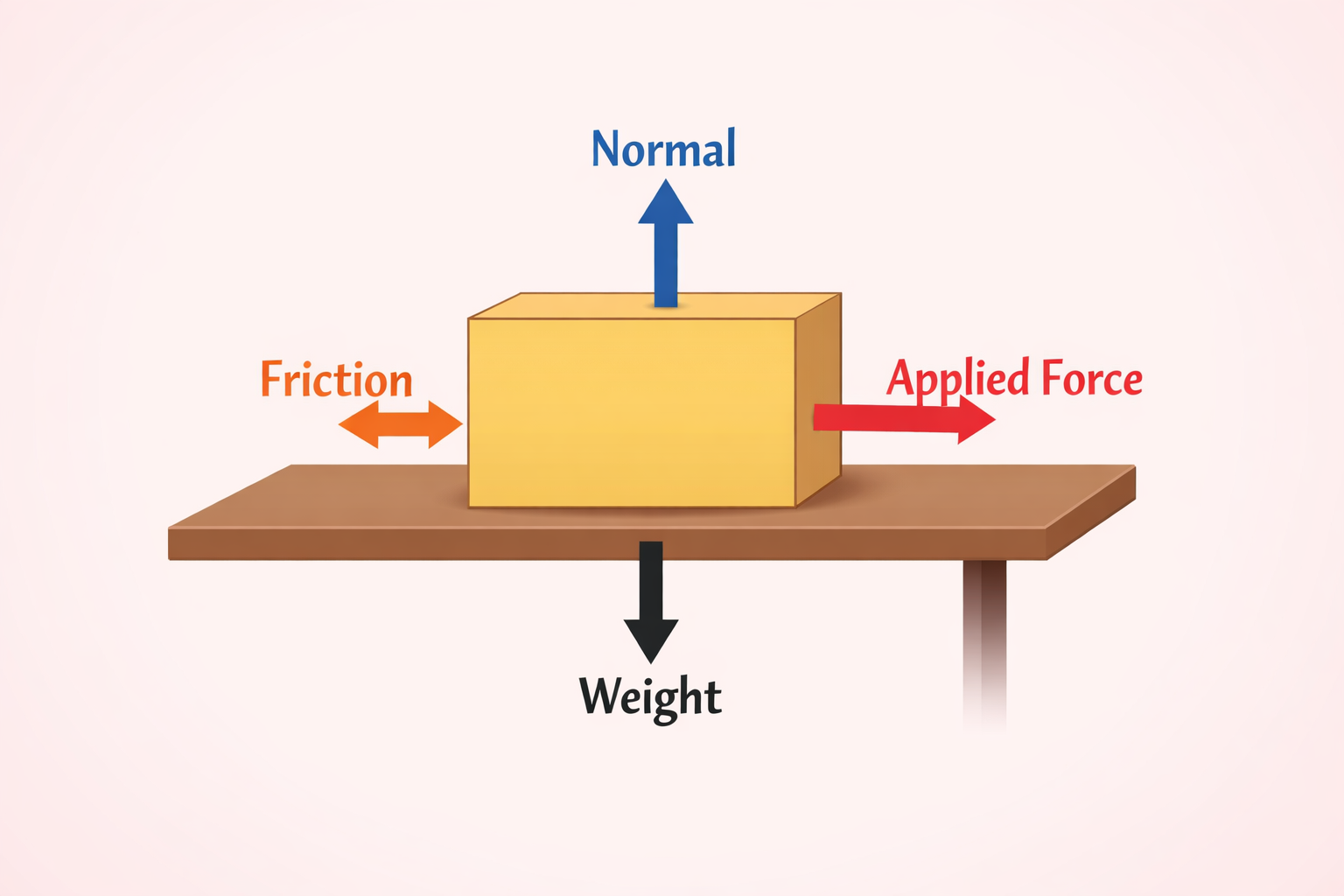Free body diagram showing weight, normal force, applied force, and friction arrows acting on a box on a table