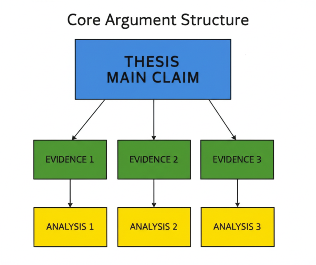 Core argument structure diagram showing Thesis/Main Claim at the top, with three Evidence blocks below, each connected to an Analysis block, all reinforcing the central thesis