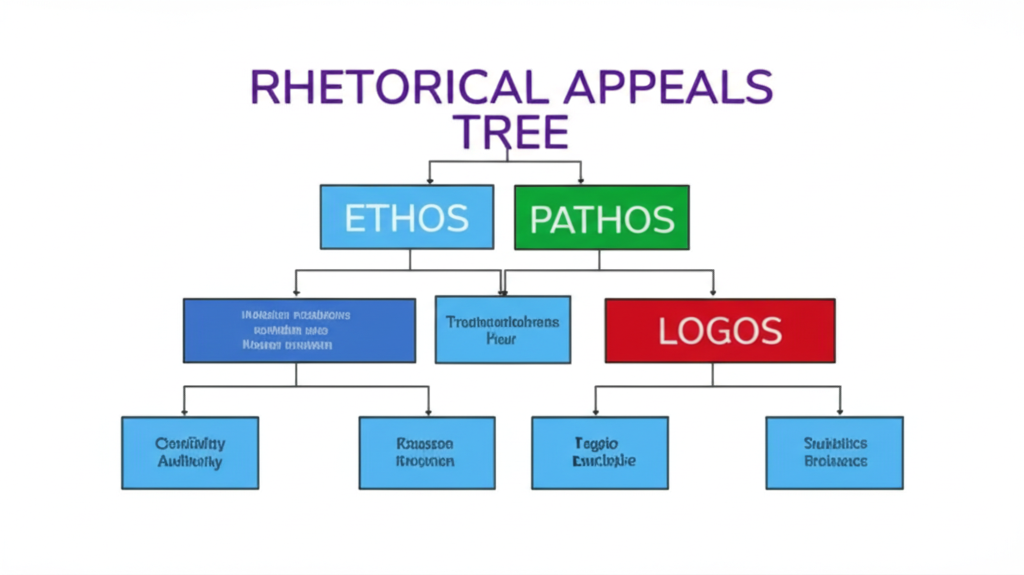 Rhetorical Appeals classification tree: root node 'Rhetorical Appeals' branches into Ethos (Credibility, Authority, Trustworthiness), Pathos (Emotion, Empathy, Fear), and Logos (Logic, Facts, Statistics)