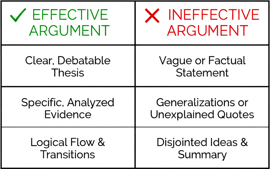 Effective vs. Ineffective argument comparison: Clear Debatable Thesis vs. Vague or Factual Statement; Specific Analyzed Evidence vs. Generalizations or Unexplained Quotes; Logical Flow and Transitions vs. Disjointed Ideas and Summary