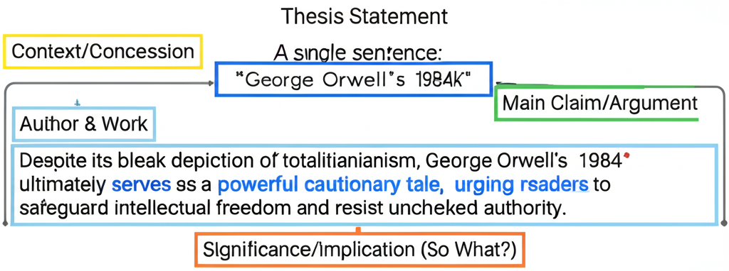 Annotated thesis statement showing color-coded components: Context/Concession in yellow, Author and Work in blue, Main Claim/Argument in green, and Significance/Implication in orange