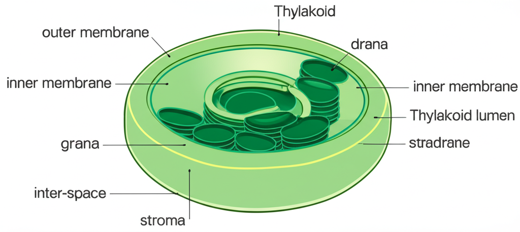 Cross-section diagram of a chloroplast showing outer membrane, inner membrane, thylakoid discs stacked into grana, stroma region, and thylakoid lumen