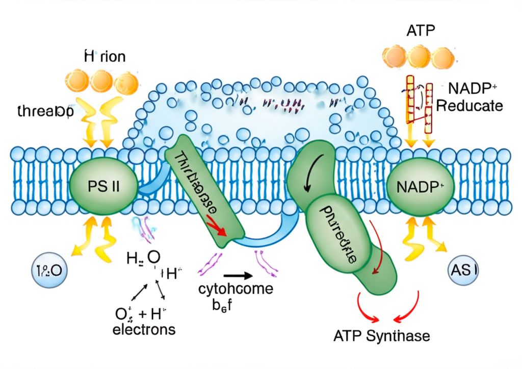 Diagram of light-dependent reactions in the thylakoid membrane showing Photosystem II, water splitting, electron transport chain, Photosystem I, NADPH production, and ATP synthase