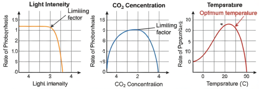 Three graphs showing how rate of photosynthesis changes with light intensity (plateaus), CO₂ concentration (plateaus), and temperature (bell curve peaking at 25-30°C)