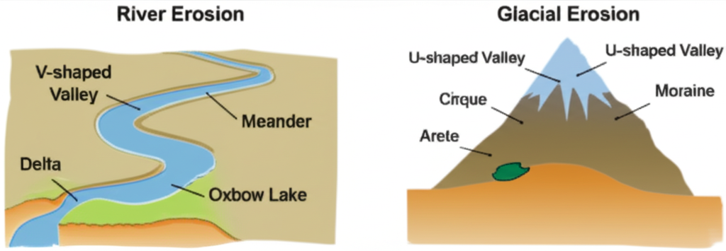 Diagram showing river erosion landforms (V-shaped valley, meander, oxbow lake, delta) and glacial erosion landforms (U-shaped valley, cirque, arête, moraine)
