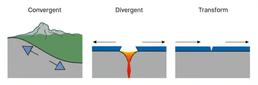 Three types of plate boundaries: convergent, divergent, and transform with cross-section diagrams
