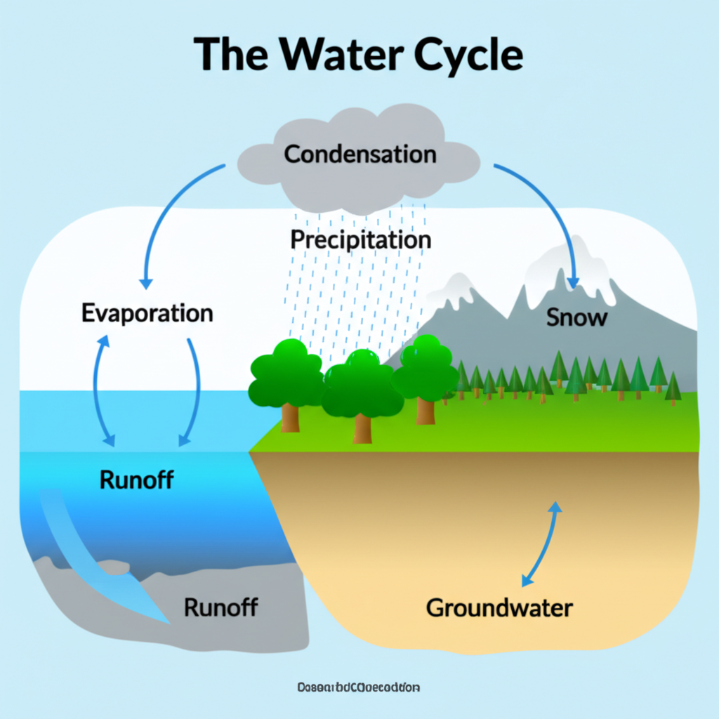 Diagram of the water cycle showing evaporation, condensation, precipitation, runoff, and groundwater
