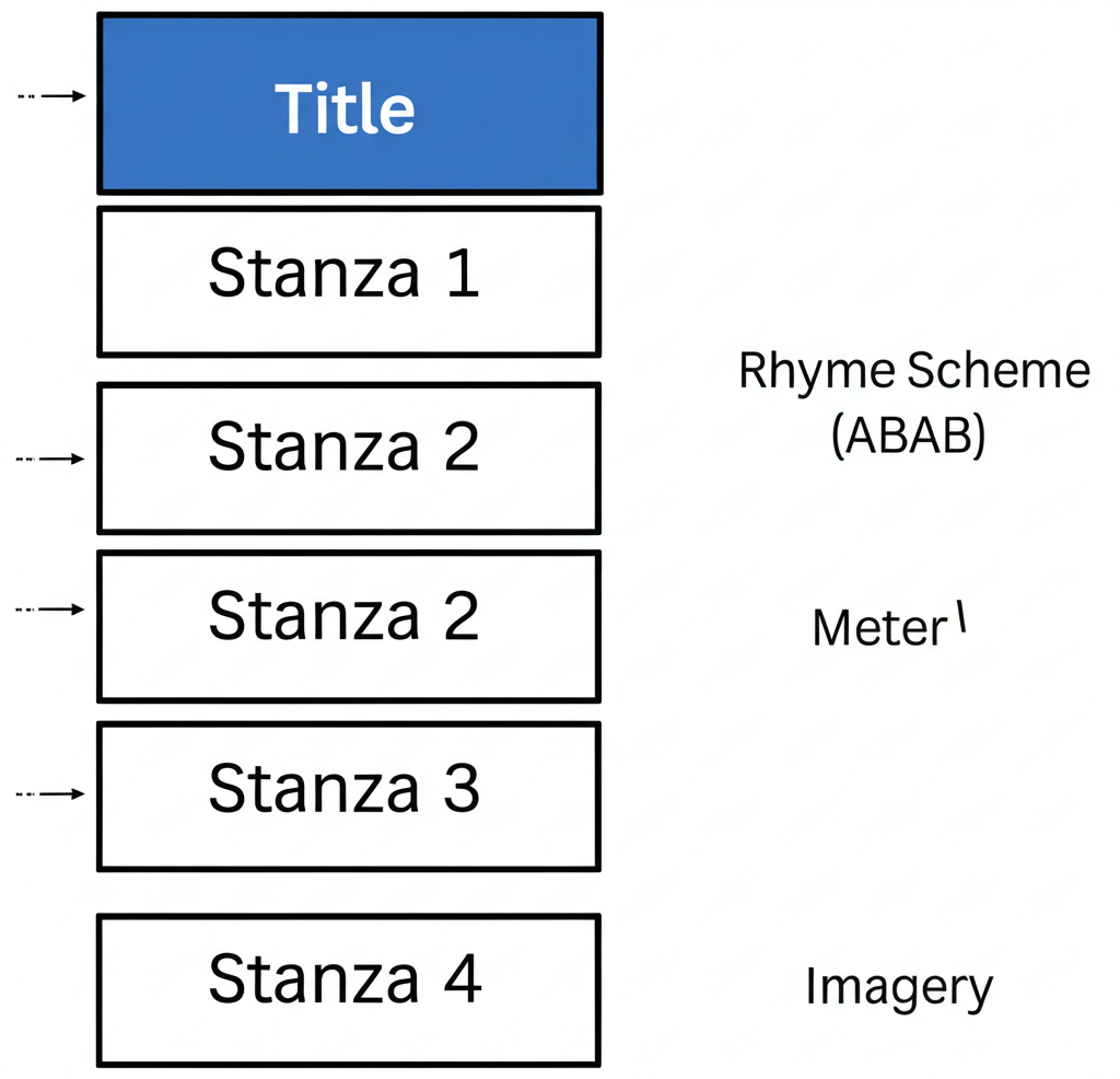 Diagram showing the structural elements of a poem: stanzas, lines, rhyme scheme labels (ABAB), and meter markings for stressed and unstressed syllables