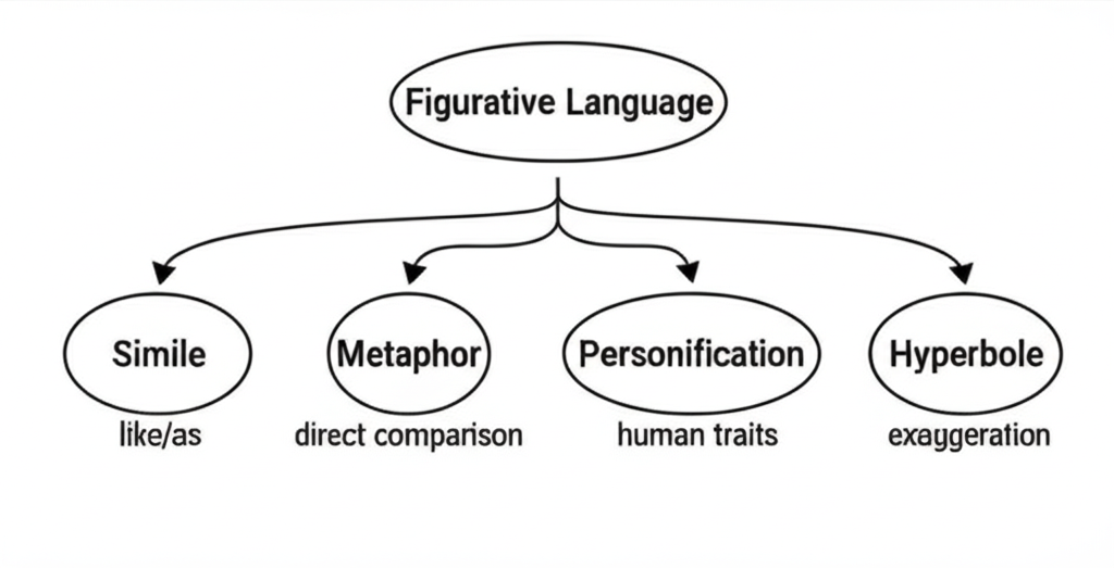 Visual guide to figurative language types: simile (uses like/as), metaphor (direct comparison), personification (human qualities), and hyperbole (exaggeration)