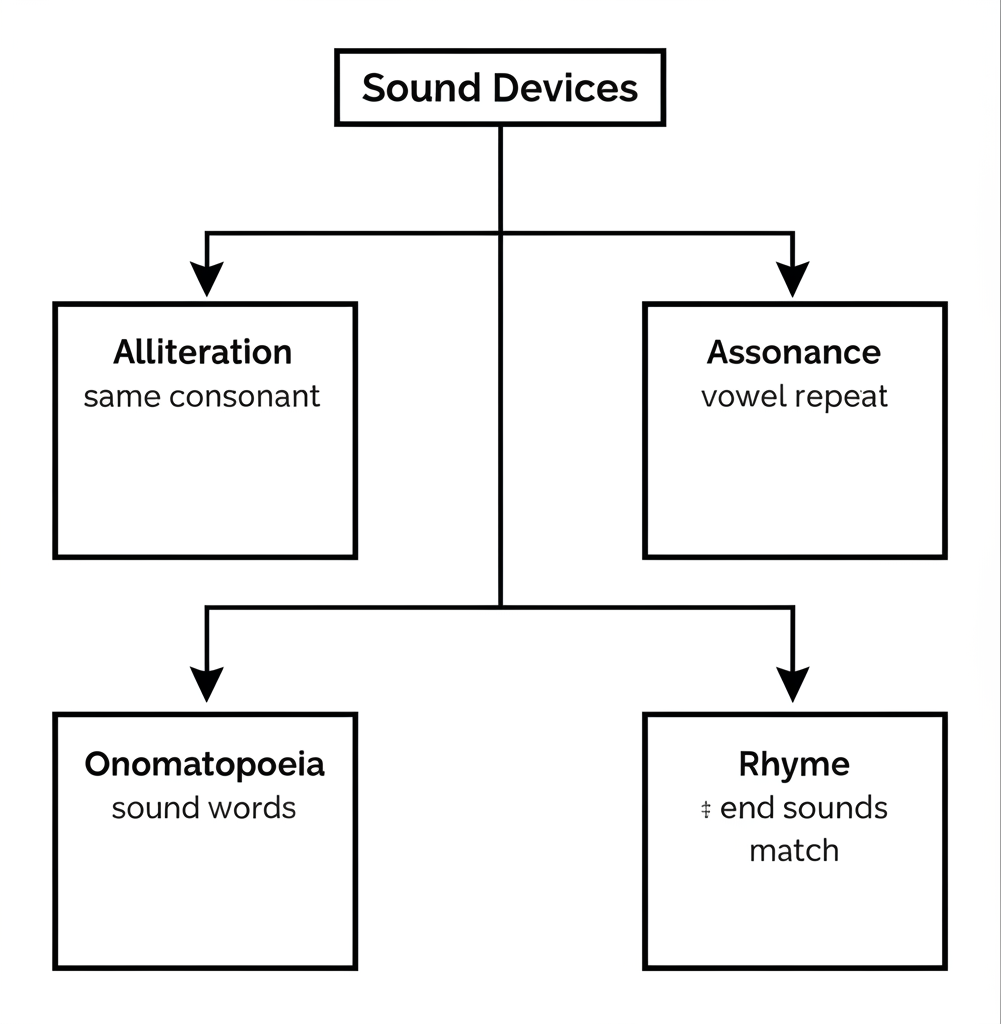 Diagram showing four sound devices in poetry: alliteration (repeated initial consonants), assonance (repeated vowels), consonance (repeated consonants), and onomatopoeia (sound-imitating words)