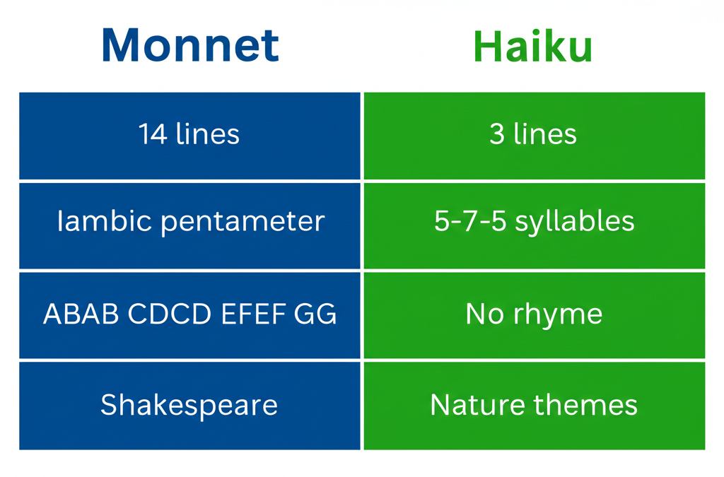 Side-by-side comparison of a Shakespearean Sonnet (14 lines, iambic pentameter, ABAB CDCD EFEF GG) and a Haiku (3 lines, 5-7-5 syllables, no rhyme required)