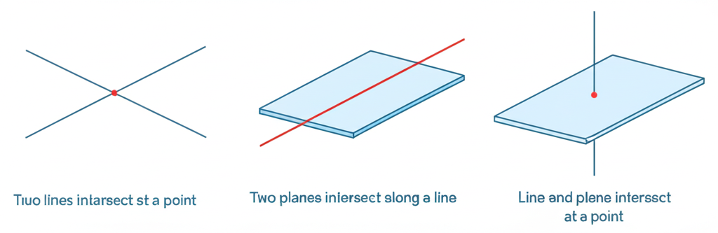 Three intersection scenarios: two lines at a point, two planes along a line, a line and plane at a point