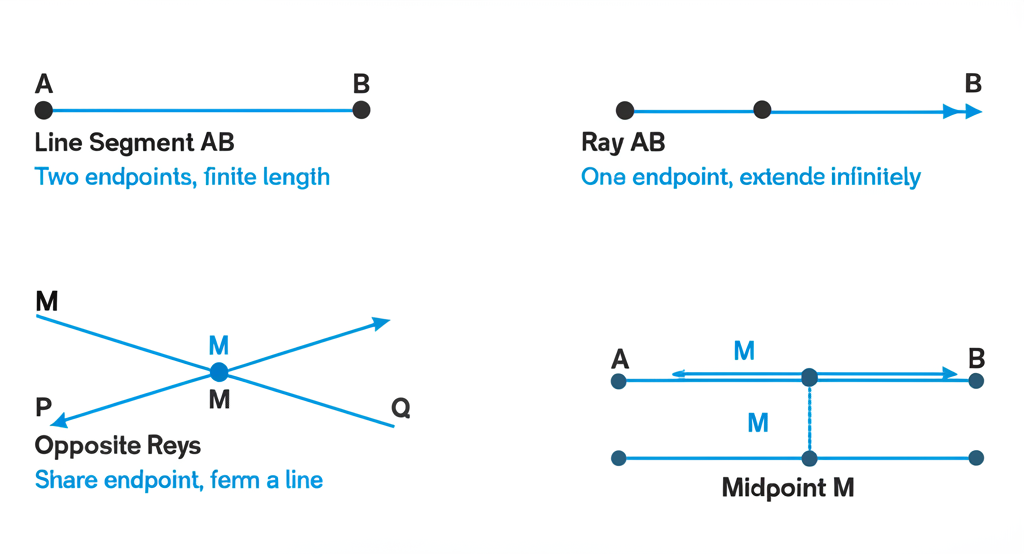 Four examples: line segment with two endpoints, ray with one endpoint, opposite rays sharing an endpoint, and midpoint of a segment