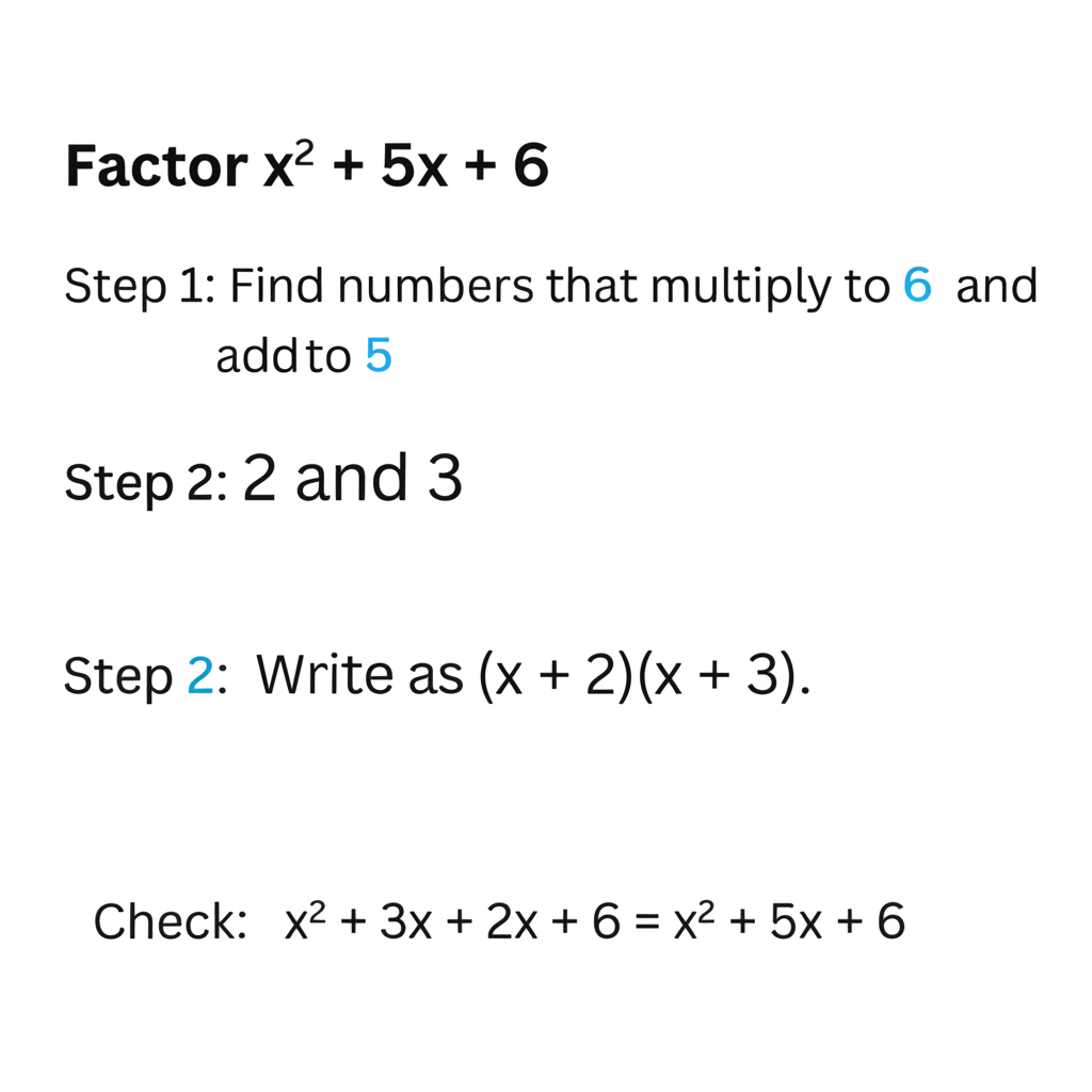 Step-by-step factoring of x squared plus 5x plus 6