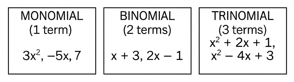 Types of polynomials: monomial (one term), binomial (two terms), trinomial (three terms)