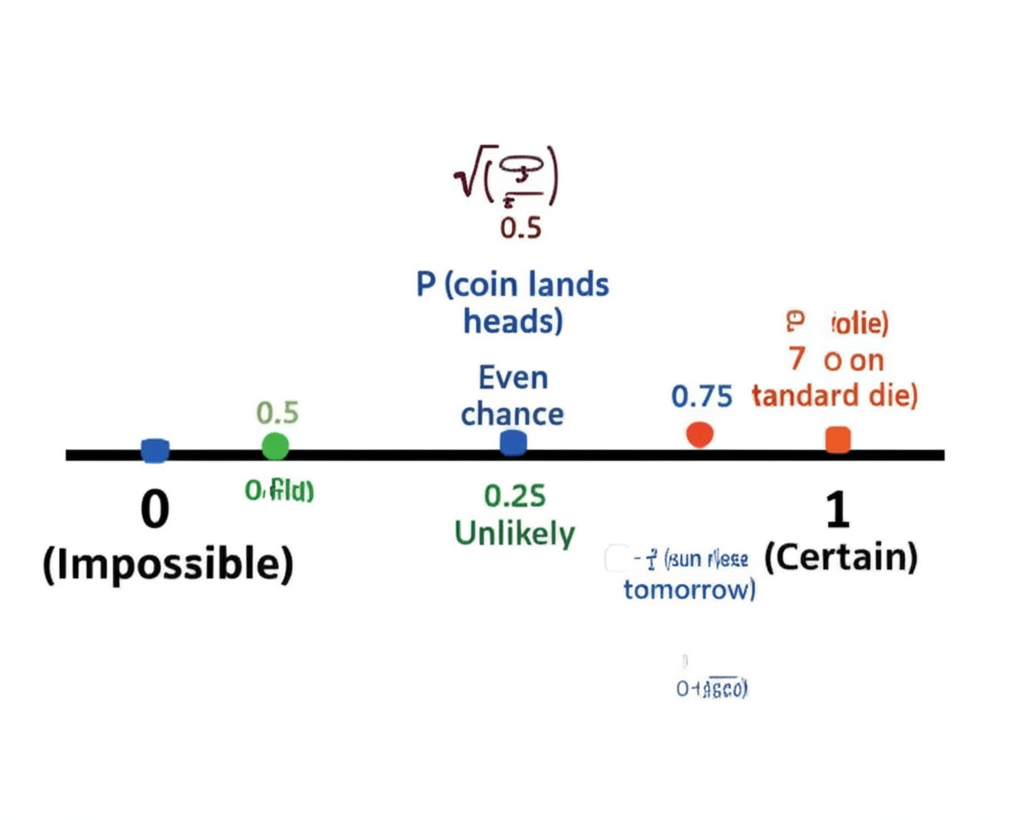 Probability scale from 0 (impossible) to 1 (certain) with example events placed along the number line