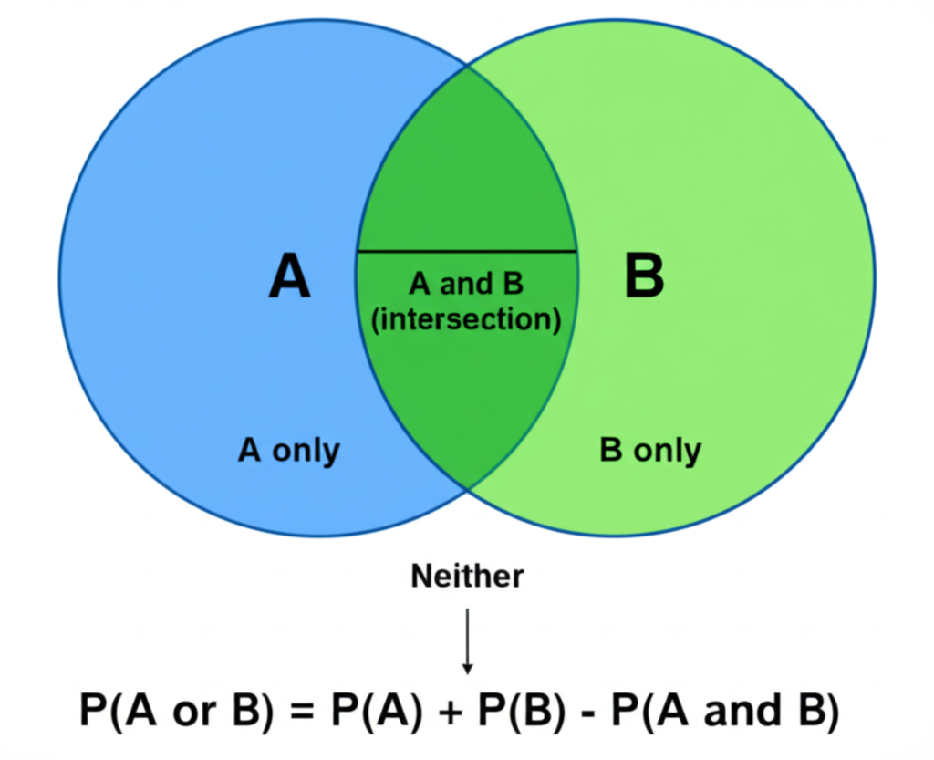 Venn diagram showing two overlapping circles for events A and B, with intersection, union, and complement regions labeled