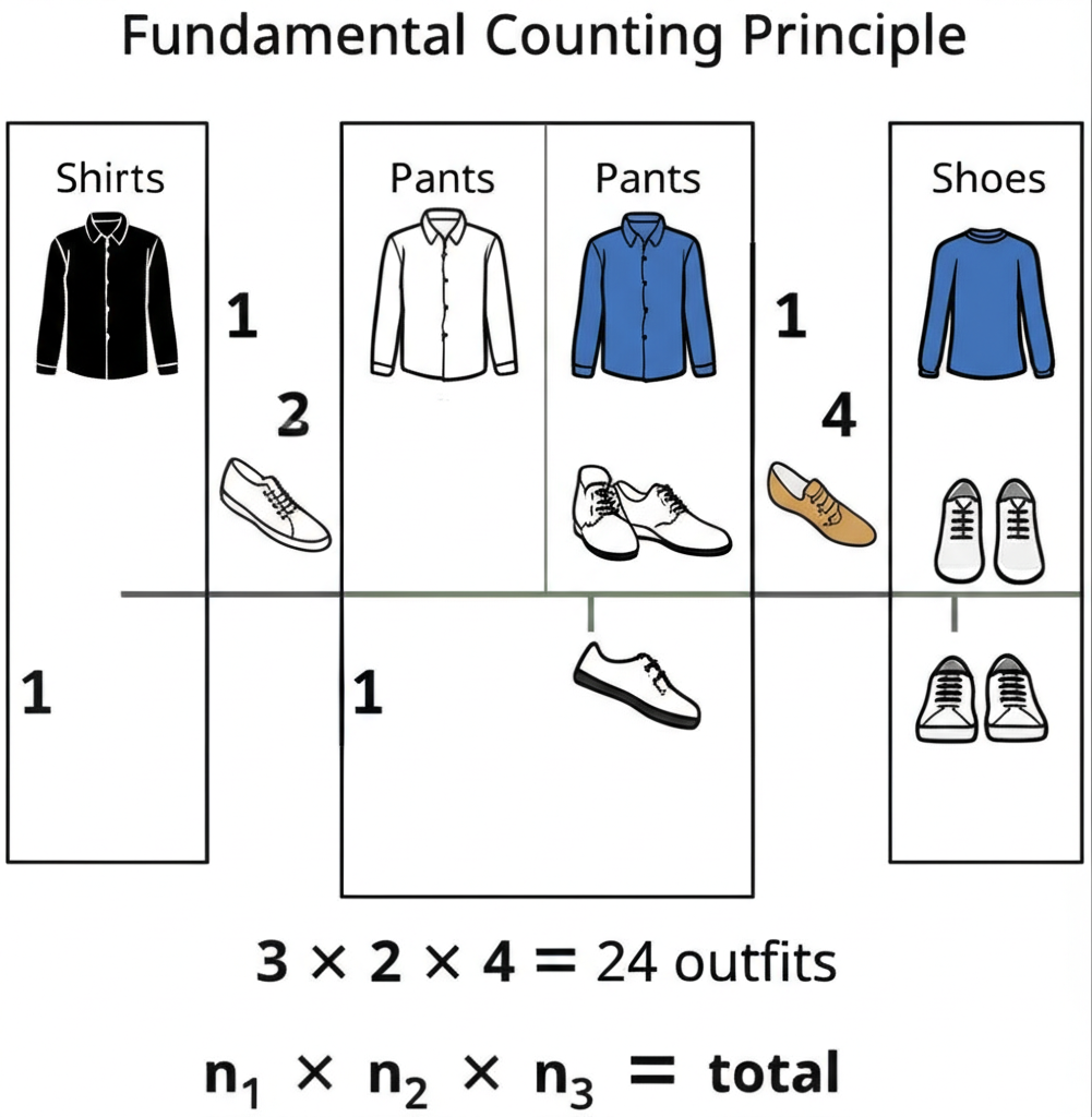 Fundamental counting principle illustrated with a tree diagram showing choices and total outcomes
