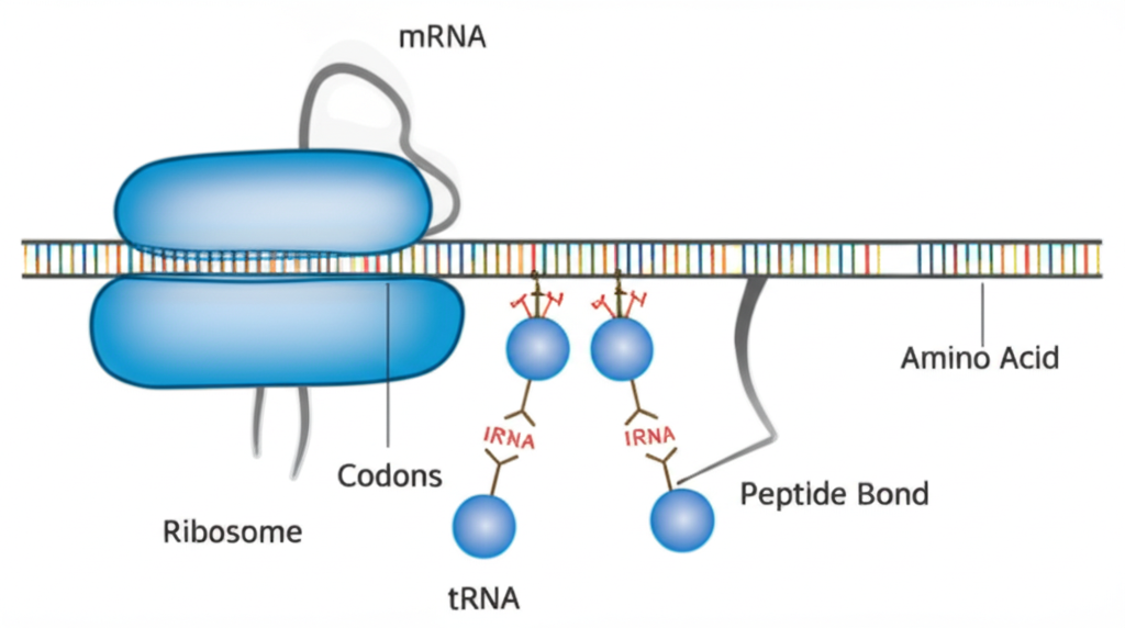 Diagram of translation at the ribosome showing mRNA passing through ribosome, tRNA molecules bringing amino acids with anticodons matching mRNA codons, and a growing polypeptide chain linked by peptide bonds