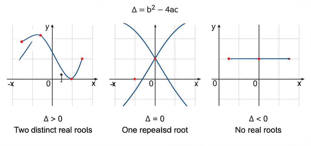 Three cases of the discriminant: positive (two roots), zero (one root), negative (no real roots)
