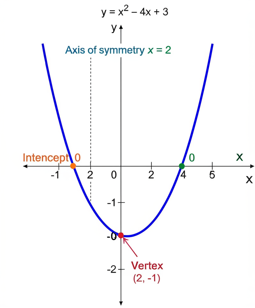 Anatomy of a parabola y = x² − 4x + 3 showing vertex, axis of symmetry, x-intercepts, and y-intercept