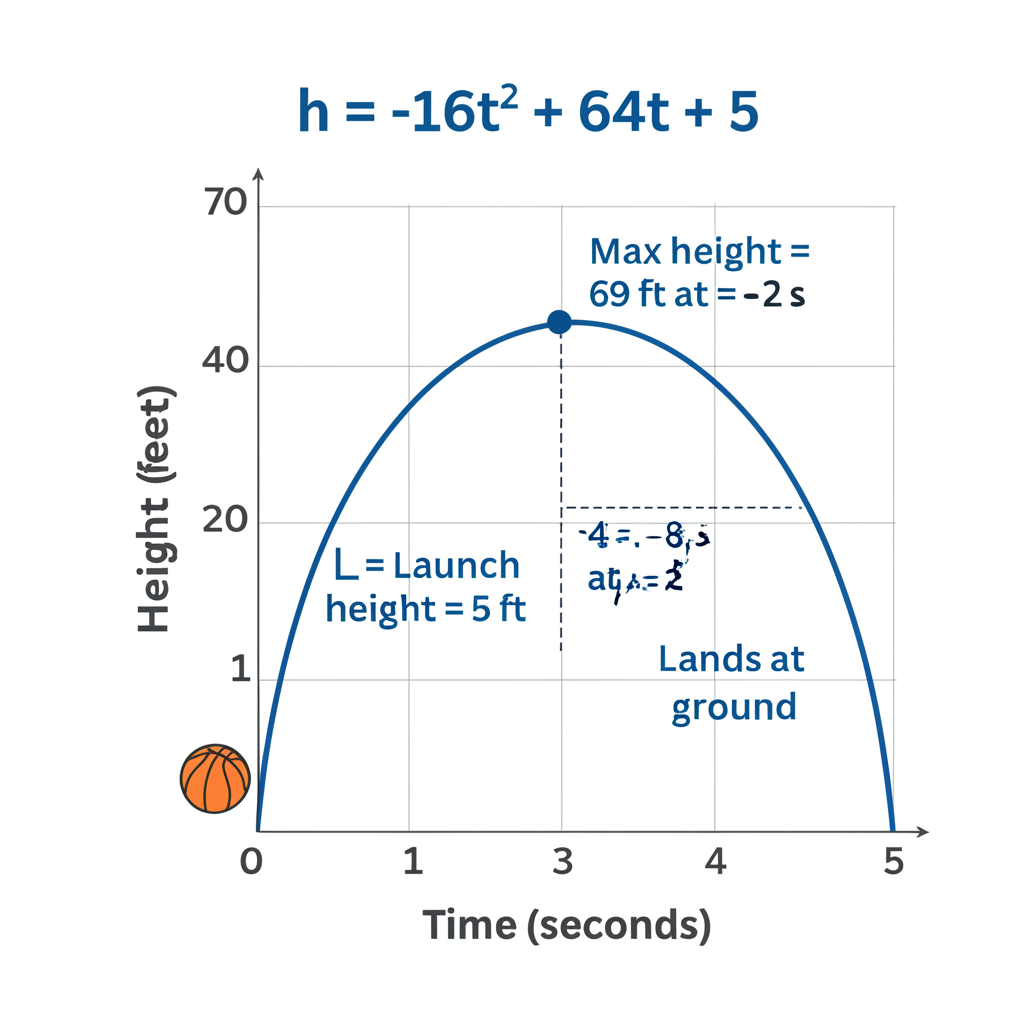 Projectile motion infographic showing parabolic path with initial height, maximum height at vertex, and landing point