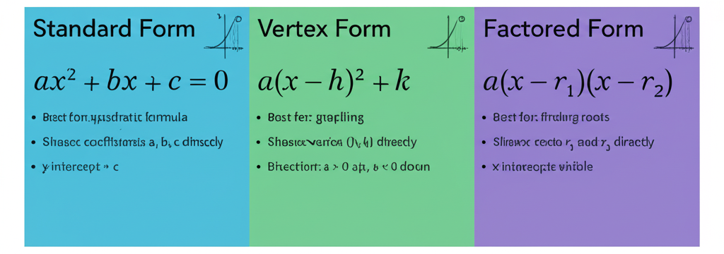 Comparison chart of Standard, Vertex, and Factored forms of quadratic equations