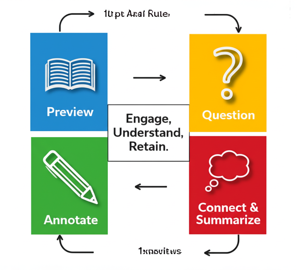 Active Reading Cycle diagram showing four stages: Preview, Annotate, Question, and Connect & Summarize in a continuous loop with the central message Engage, Understand, Retain