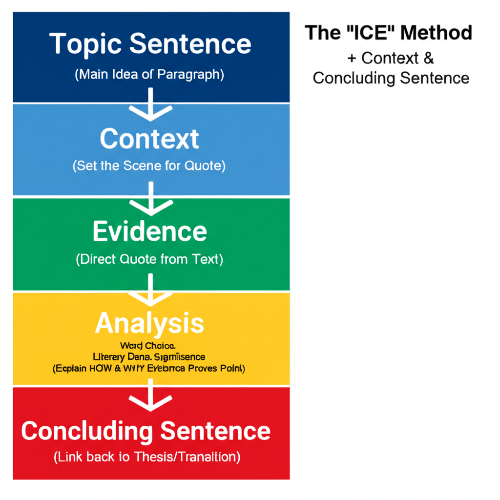 Deconstructing an Analytical Paragraph: vertical stack showing Topic Sentence, Context, Evidence, Analysis (with Word Choice, Literary Device, Significance sub-points), and Concluding Sentence