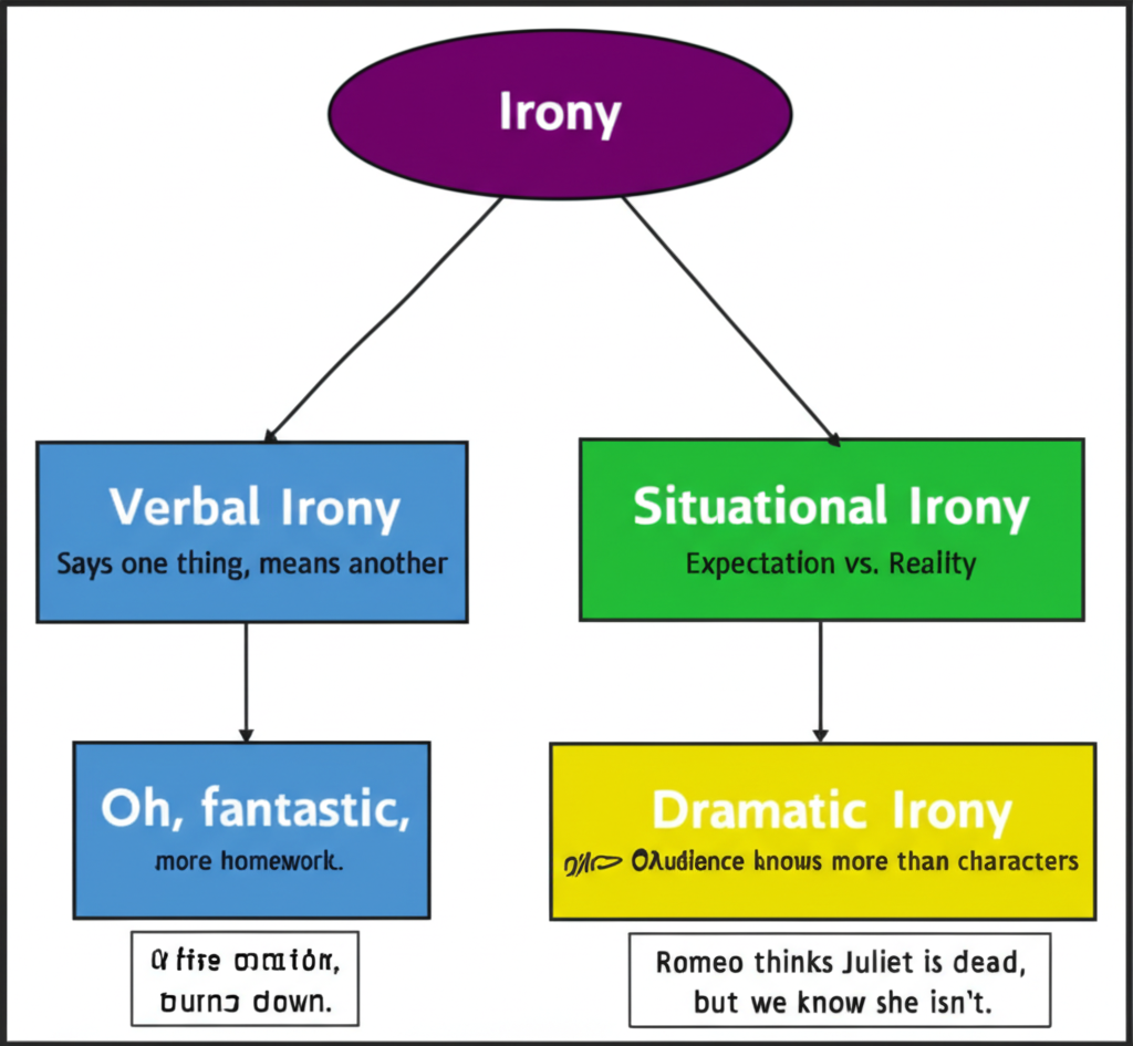 Types of Irony tree diagram showing three branches: Verbal Irony (says one thing, means another), Situational Irony (expectation vs. reality), and Dramatic Irony (audience knows more than characters)