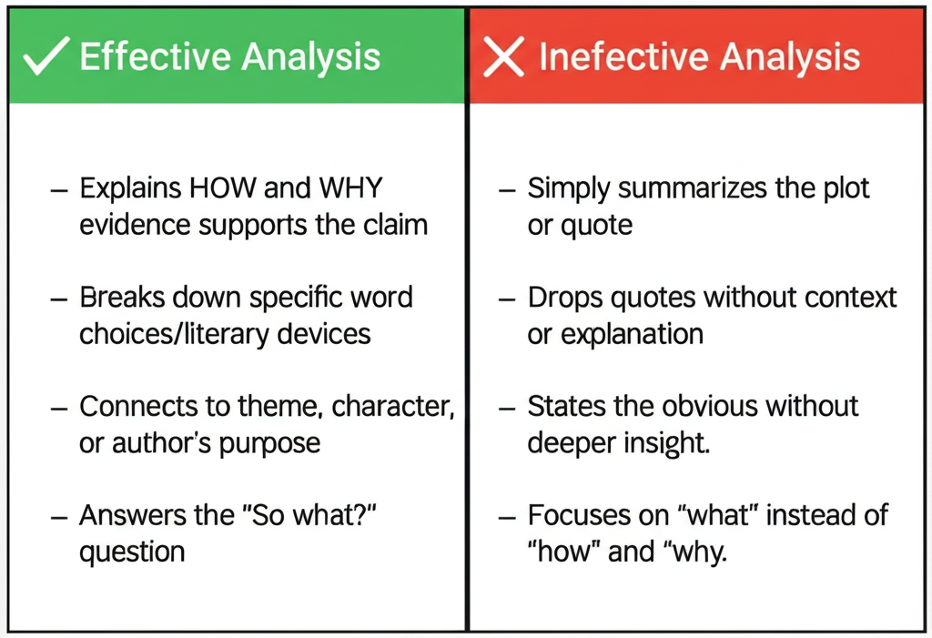 Side-by-side comparison of Effective Analysis (explains HOW and WHY, breaks down word choices, connects to theme) versus Ineffective Analysis (summarizes plot, drops quotes without explanation, states the obvious)