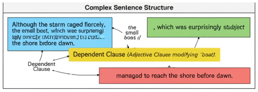 Anatomy of a Complex Sentence showing annotated parts: dependent clauses, independent clauses, subordinating conjunctions, and adjective clauses with color-coded labels