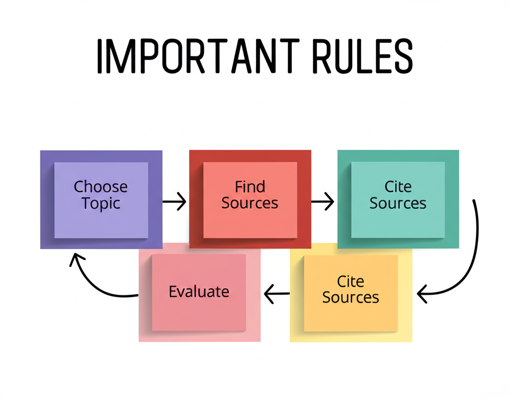 Diagram showing the research process: formulate a question, identify keywords, find sources, evaluate credibility, read and take notes, develop thesis, draft and cite, create Works Cited page