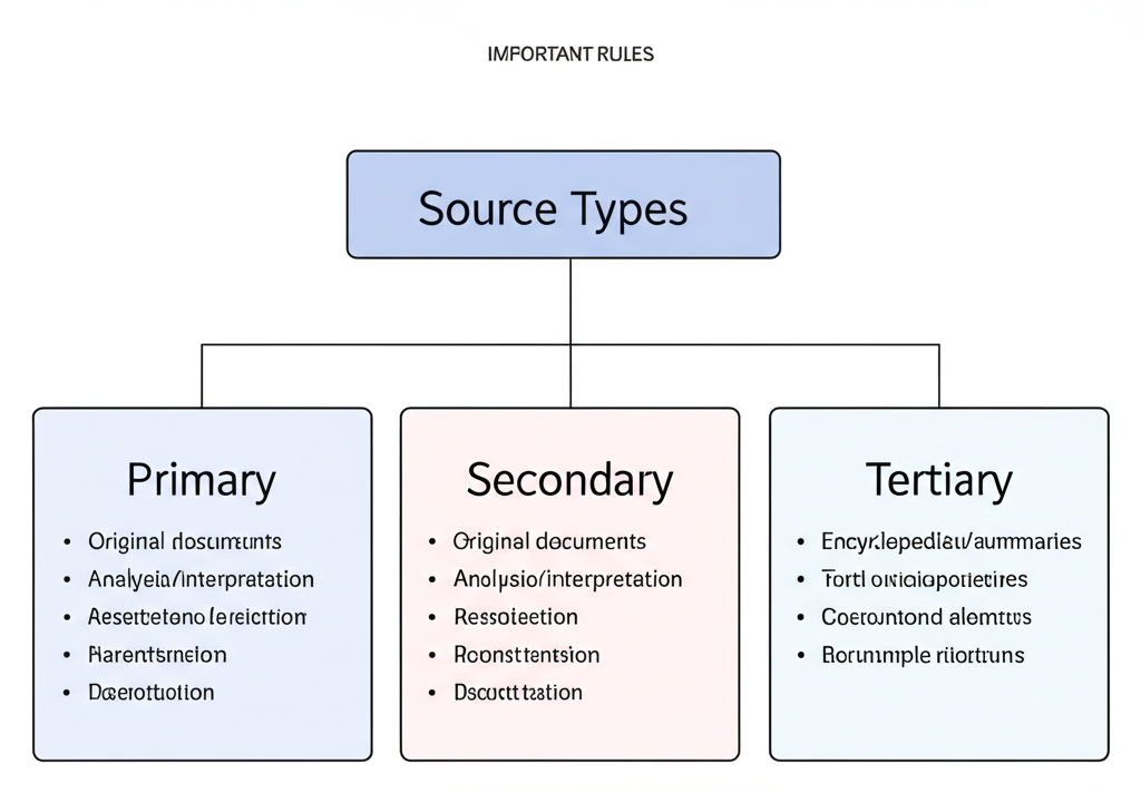 Diagram showing three types of sources: Primary (original/firsthand), Secondary (analyzes primary), and Tertiary (compiles and indexes)