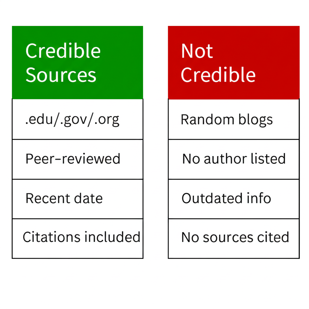 Comparison diagram showing characteristics of credible sources (peer-reviewed, expert authors, .edu/.gov domains) versus non-credible sources (anonymous authors, personal blogs, no citations)