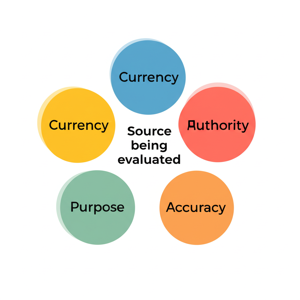 The CRAAP Test framework showing five evaluation criteria: Currency, Relevance, Authority, Accuracy, and Purpose, each with guiding questions